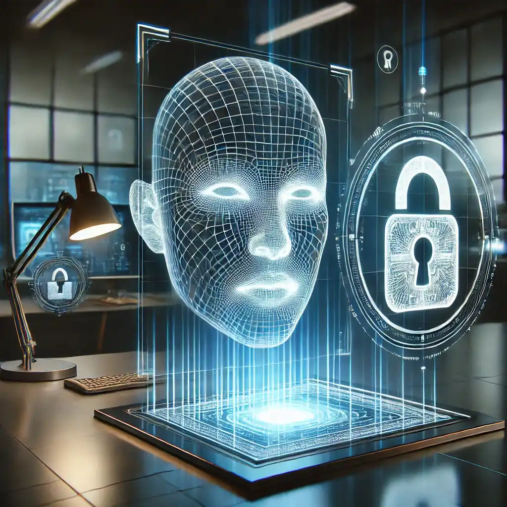Krypterede ansigtsdata, inklusive 3D -ansigtsscanninger og digitale hængelåse, symboliserer databeskyttelse.