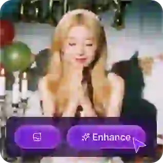 Foto gadis pirang yang sedang membuat permohonan di depan kue ulang tahun dengan stiker yang menunjukkan tombol peningkatan, digunakan sebagai bahan dalam tutorial peningkatan gambar pertukaran wajah