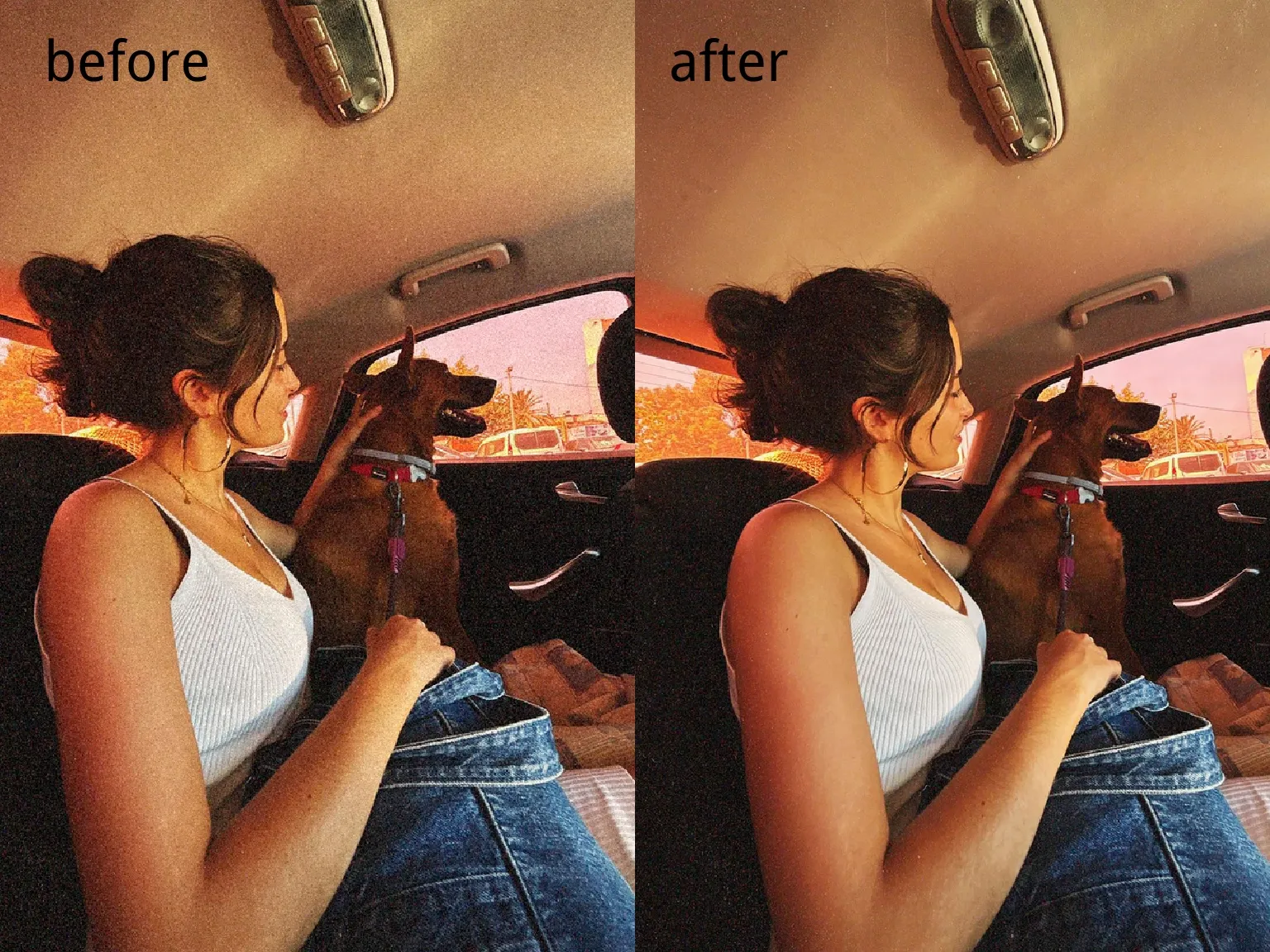 車に座っている女の子の前後の比較、画像ノイズの減少を示しています
