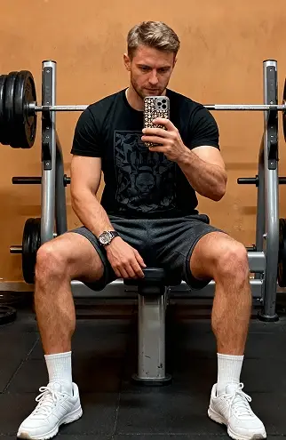 Un homme athlétique dans une salle de sport transformé en photo de fitness professionnelle grâce à l'IA