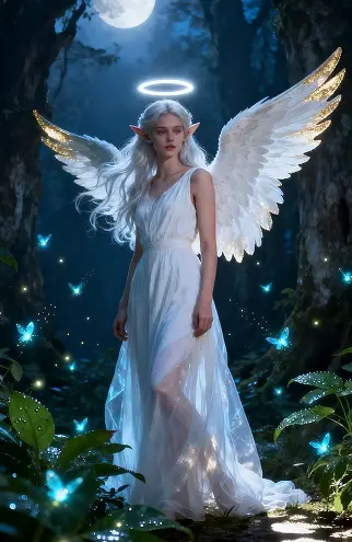 Personnage d'ange fantastique avec des ailes dans la forêt réalisé avec un transfert de style AI