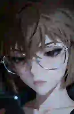 AI-generated artwork of anime character Haibara with brown, messy, shoulder-length brown hair and a pair of silver-framed glasses, looking at her cell phone. A template for image to image tool.