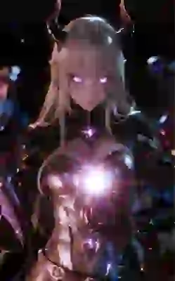 AI-generated artwork of Succubus Artoria with white straight hair, black bull-like antlers, glowing purple eyes, and a holographic projection on her chest surrounded by flowing light.