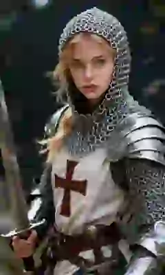 AI-generated portrait of a blonde woman with blue eyes and a determined expression in an armor composed of countless tiny, tightly interlocking silver metal rings, holding a sword in one hand. A template for image to image tool.