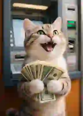 Image of a cat standing in front of an ATM, clutching a wad of US dollars with happy and satisfied expression. Template for image to image tool.