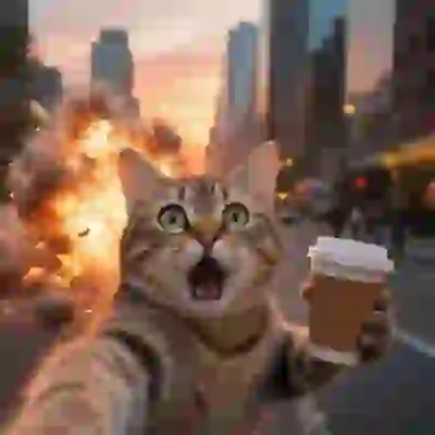 Selfie of a cat with a shocked expression at dusk, holding a cup of coffee while an explosion occurs in the background. Template for an image-to-image tool.