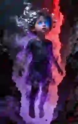 A child with wispy white hair and glowing blue eyes floats mid-air in a rocky cave. The child's body is enveloped in swirling purple and pinkish-red mist, wearing a tattered dark garment that blends into the ethereal smoke effects. Template for image to image tool. 