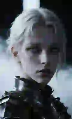 Close-up of a female warrior with platinum blonde hair and blue eyes in an armor. The background is pitch black with pervasive white mist. Template for image to image tool.