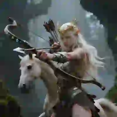 AI-generated realistic artwork of a female warrior with long platinum wavy blonde hair and a golden branch-shaped headband, wearing silver chest armor with leather waist and thigh pieces. She draws a bow with an arrow nocked, while a white horse stands beside her in a misty ancient forest. A template for image to image tool.