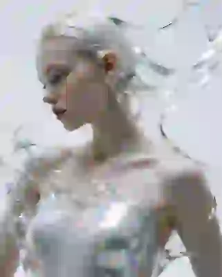 Close-up of a woman’s upper body with liquid-glass textures and water-ripple reflections on her body and hair.