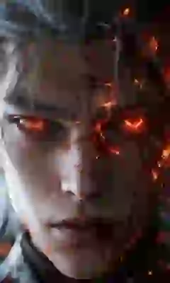 Close-up of a man with long, gray hair and a determined expression. His face is covered with blood and cracks with light flickering into it, and his eyes burn with fiery red light—a template for image to image tool.