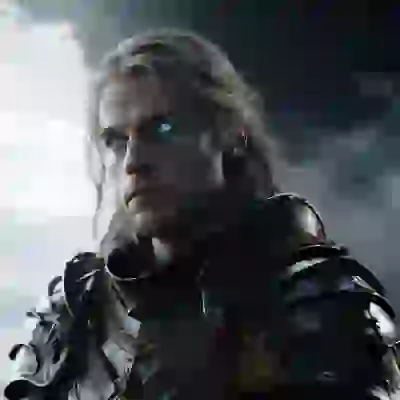 Half-body portrait of a man with glowing ice blue eyes and long wavy blonde hair in armor, with a dim sky in the background. A template for image to image tool.