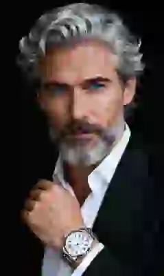 AI-generated portrait of a man with wavy, silver-grey hair, blue eyes, black suit, and a luxurious silver wristwatch, posing for the camera. A template for image to image tool.
