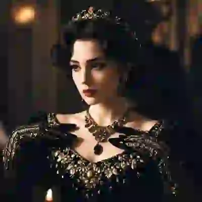 Portrait of a medieval beauty with dark retro-styled curls, adorned with a delicate bejeweled tiara, wearing an opulent black velvet gown heavily embellished with gold embroidery and beadwork, paired with lavish gemstone and drop earrings. A template for image to image tool.