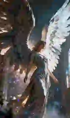 This template depicts a full-body portrait of an angel sculpture in a cathedral interior. The angel’s large wings obscure the sky, while small, colorful lights illuminate the scene. A template for image to image tool.