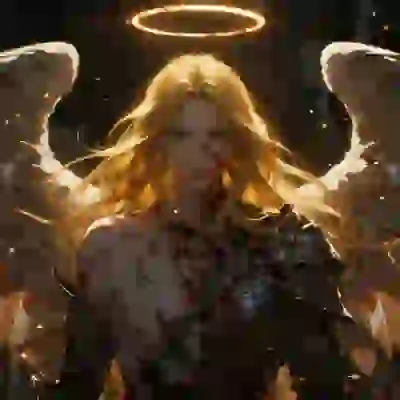 AI-generated image of a blonde angelic woman with wings and halo, injured with damaged gear, looking determined. A template for image to image tool.