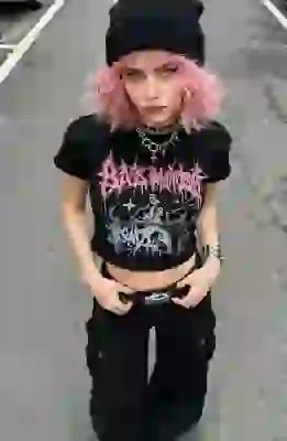 Young woman with pink hair in street style outfit transformed with AI image filter