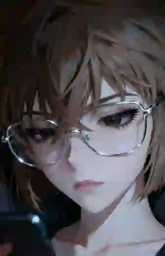 Door AI gegenereerd kunstwerk van anime-personage Haibara met bruin, rommelig bruin haar op schouderlengte en een bril met een zilveren montuur, kijkend naar haar mobiele telefoon. Een sjabloon voor het hulpmiddel van afbeelding naar afbeelding.