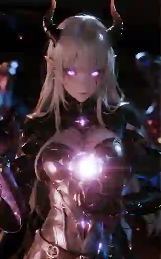 Door AI gegenereerd kunstwerk van Succubus Artoria met wit steil haar, een zwart stierachtig gewei, gloeiende paarse ogen en een holografische projectie op haar borst omgeven door vloeiend licht.
