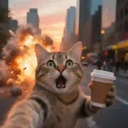 Selfie van een kat met een geschokte uitdrukking in de schemering, die een kopje koffie vasthoudt terwijl er op de achtergrond een explosie plaatsvindt. Sjabloon voor een afbeelding-naar-afbeelding-tool.