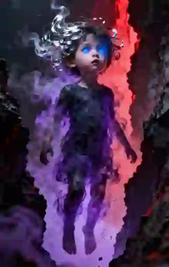 Een kind met piekerig wit haar en gloeiende blauwe ogen zweeft in de lucht in een rotsachtige grot. Het lichaam van het kind is gehuld in een wervelende paarse en rozerode mist en draagt ​​een gescheurd donker kledingstuk dat opgaat in de etherische rookeffecten. Sjabloon voor tool van afbeelding naar afbeelding.