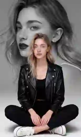 Door AI gegenereerd portret met dubbele belichting van een blonde vrouw in een zwart leren jack, zwarte top, zwarte broek en witte lage canvas schoenen, zittend op de grond, met een zwart-wit close-up van haar op de achtergrond. Sjabloon voor een afbeelding-naar-afbeelding-tool.