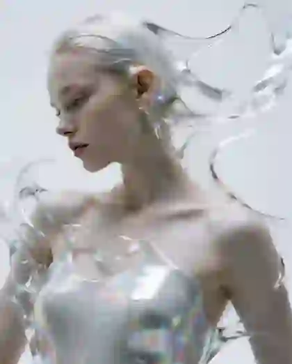 Close-up van het bovenlichaam van een vrouw met vloeibare glastexturen en waterrimpelreflecties op haar lichaam en haar.