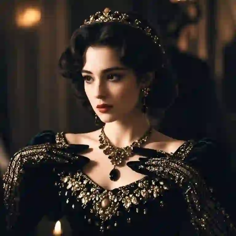 Portret van een middeleeuwse schoonheid met donkere krullen in retrostijl, versierd met een delicate tiara met juwelen, gekleed in een weelderige zwartfluwelen jurk, zwaar versierd met gouden borduursels en kralenwerk, gecombineerd met weelderige edelstenen en oorbellen. Een sjabloon voor het hulpmiddel van afbeelding naar afbeelding.