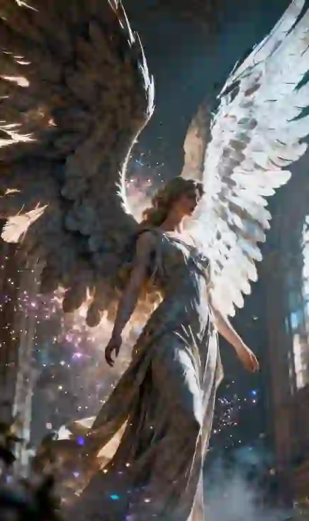 Deze sjabloon toont een portret van het hele lichaam van een engelensculptuur in het interieur van een kathedraal. De grote vleugels van de engel verduisteren de lucht, terwijl kleine, kleurrijke lichten het tafereel verlichten. Een sjabloon voor het hulpmiddel van afbeelding naar afbeelding.