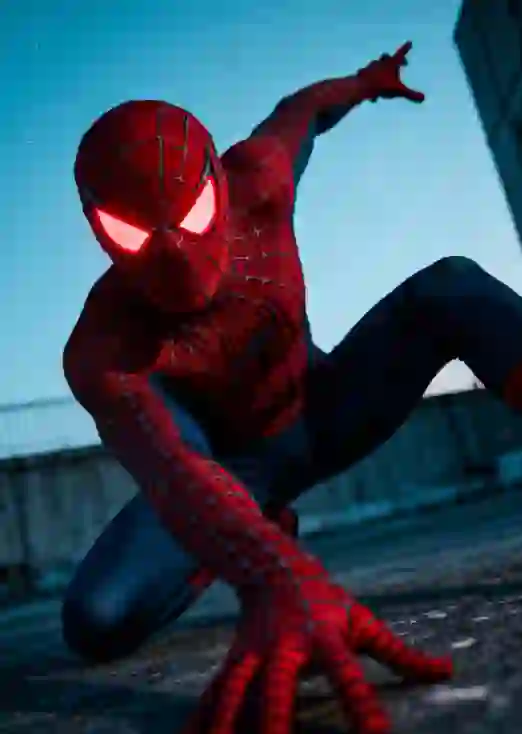 Portret van Spider-Man die poseert voor de camera in een slecht verlichte, mysterieuze scène. een sjabloon voor het hulpmiddel van afbeelding naar afbeelding.