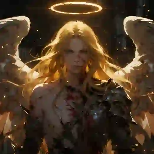 Door AI gegenereerde afbeelding van een blonde, engelachtige vrouw met vleugels en halo, gewond door beschadigde uitrusting en vastberaden. Een sjabloon voor het hulpmiddel van afbeelding naar afbeelding.