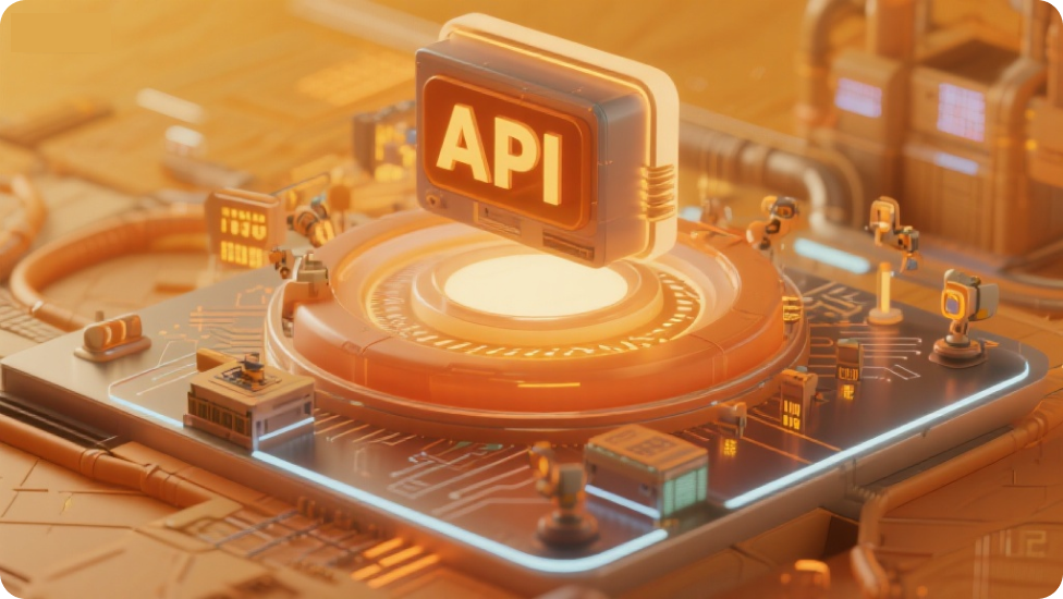 Ein stilisiertes „API“-Modul auf einer Leiterplatte mit winzigen Roboterfiguren.