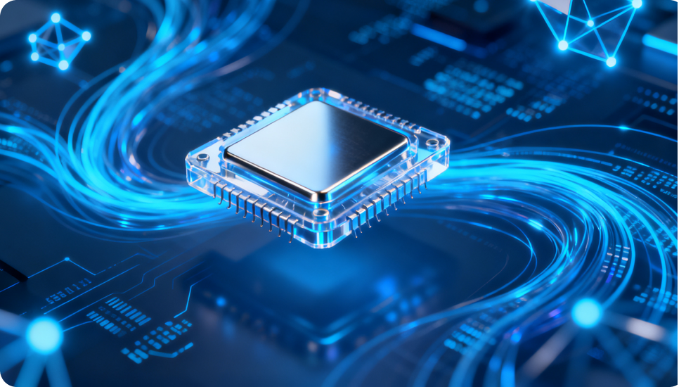 Fortschrittlicher Computerchip mit blauen digitalen Datenströmen.