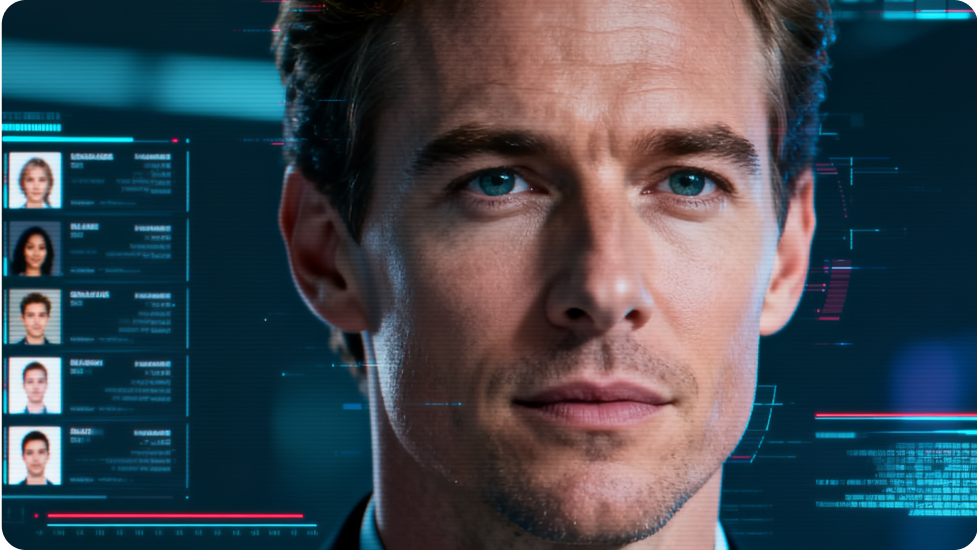 Im Fokus steht das Gesicht eines Mannes, im Hintergrund wird eine digitale Benutzeroberfläche mit Profilen und Daten angezeigt.