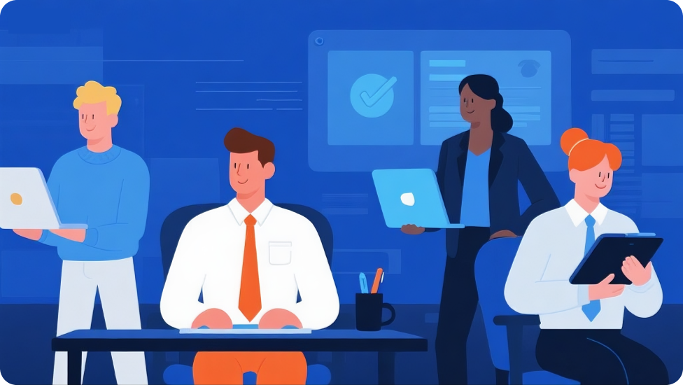 Illustration im Cartoon-Stil, die eine Büroszene zeigt: Mehrere Personen arbeiten friedlich zusammen.