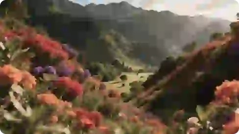 부드러운 햇살 아래, 산으로 둘러싸인 생기 넘치는 꽃으로 가득한 계곡의 숨 막힐 듯한 전망.