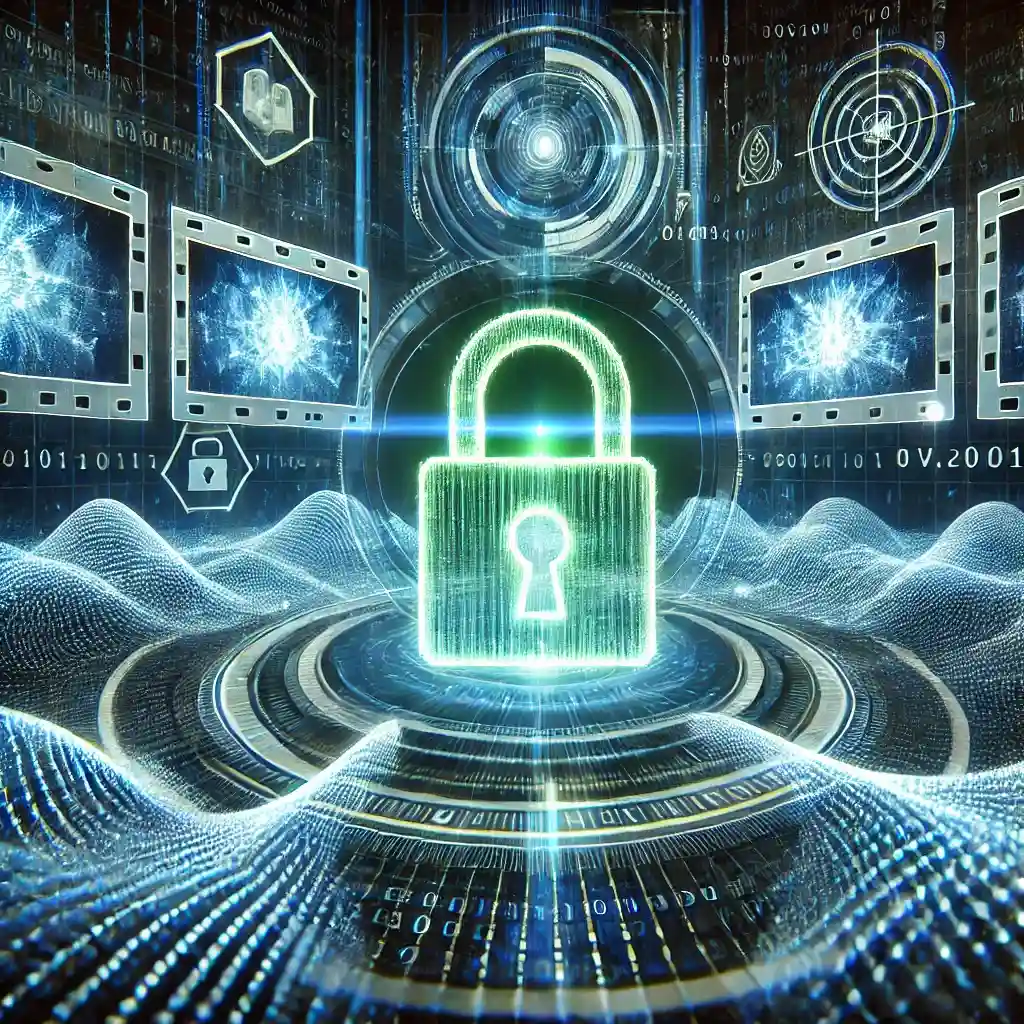 I midten er et glødende hængelås -symbol omgivet af en digital bølge og binær kodemønster, der symboliserer sikker datatransmission.