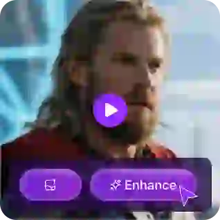 보라색 재생 버튼 오버레이와 '향상' 버튼이 표시된 스티커가 있는 토르의 사진은 얼굴 교체 비디오 향상기 튜토리얼의 소재로 사용되었습니다.