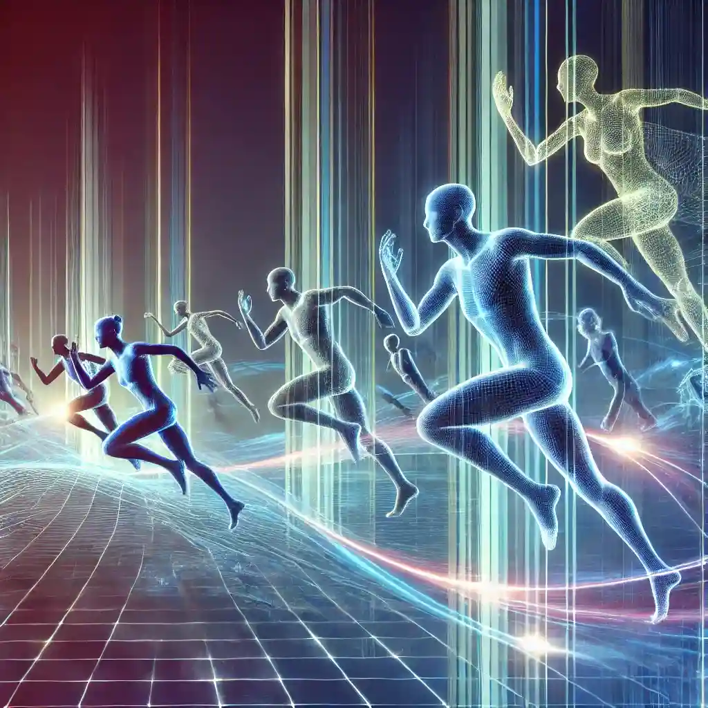 Løbskarakterer blandes med glødende spor, der symboliserer glat progression og højere billedhastigheder.