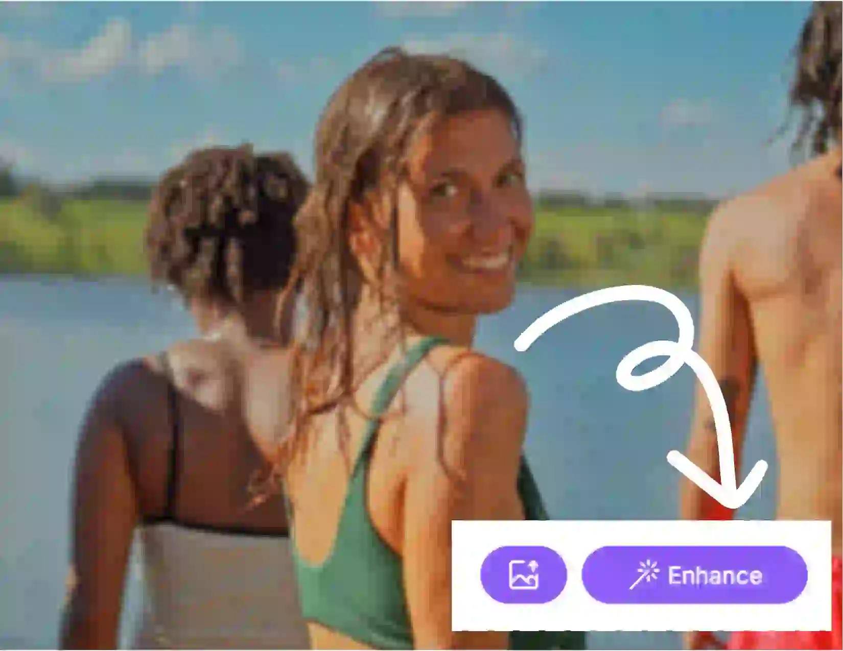 Il s'agit d'un amplificateur vidéo AI Étape 1. Vous pouvez télécharger une vidéo qui doit améliorer la qualité. Ceci est une vidéo d'une fille et de trois garçons plongeant à la plage, et la vidéo est un peu floue.