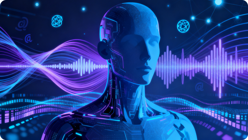 Arka planda ses dalgaları olan yapay zeka robotu.