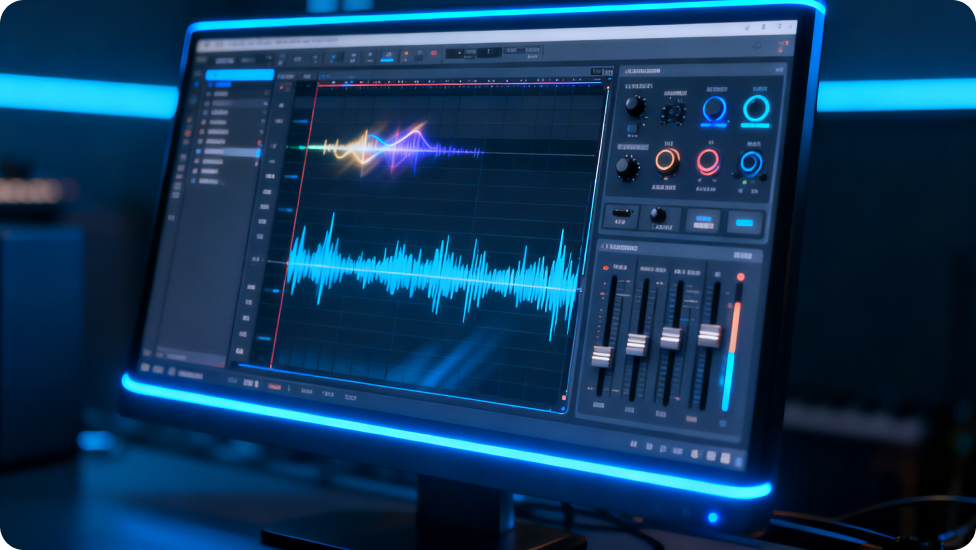 Ses dalgalarıyla ses düzenleme yazılımını gösteren bilgisayar ekranı.