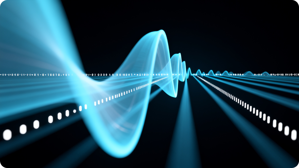 Sesi, ses işlemeyi gösteren fütüristik tasarımlı mavi ses dalgası.