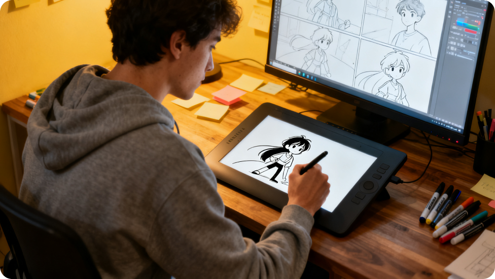 Manga sanatı yaratmak için dijital çizim tableti kullanan kişi.