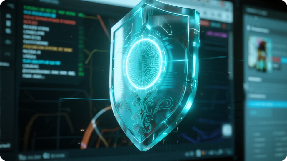 Bilgisayar ekranlarının önünde parlayan bir merkeze sahip dijital kalkan.