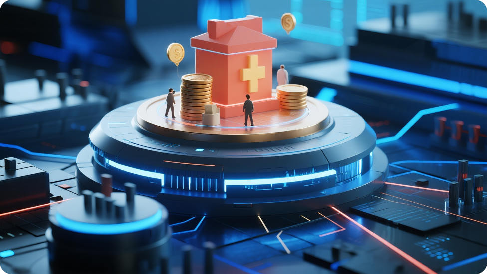 Fütüristik bir teknoloji arka planına yerleştirilmiş, madeni paralar ve küçük insan figürleriyle tıbbi bir bina simgesinin dijital çizimi.