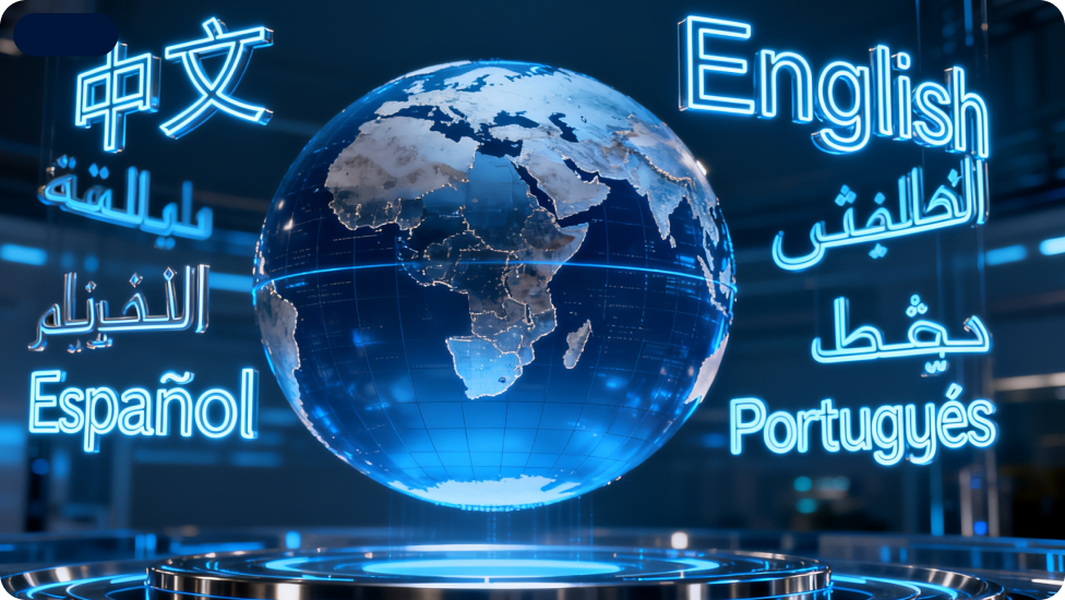 Etrafında birden fazla dil bulunan küre, ses değiştiricinin birden fazla dili desteklediğini gösteriyor.