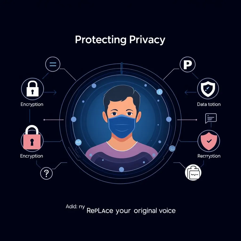 Un homme portant un masque entouré d'un système de traitement du son, montrant une technologie de chiffrement vocale peut protéger la confidentialité des utilisateurs.