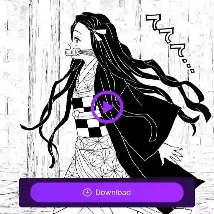 Панель манги, на которой изображена идущая вперед девушка с длинными черными волосами в кимоно, с наклейкой, изображающей кнопку «загрузить», использованная в качестве материала для урока по анимации панели манги.