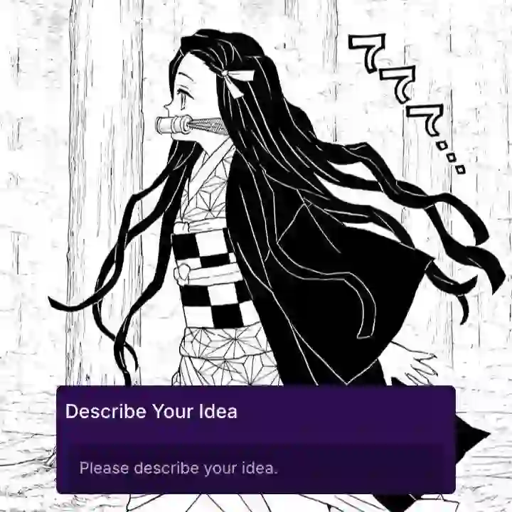 Панель манги, на которой изображена идущая вперед девушка с длинными черными волосами в кимоно, с наклейкой, показывающей область ввода подсказки, используемая в качестве материала для урока по анимации панели манги.